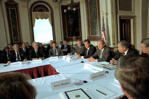 President George W. Bush meets with the Homeland Security Advisory Council in the Indian Treaty Room June 12. "We want to be able to respond better if something were to occur," said President Bush. "We want to know how better to enforce our borders." White House photo by Moreen Ishikawa.