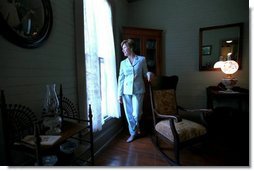 Laura Bush walks with Richard Moe, President of the National Trust for Historic Preservation, after touring Orchard House, the Concord, Mass., home of Louisa May Alcott and her family June 20, 2002.  White House photo by Susan Sterner