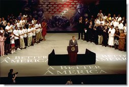 President George W. Bush discusses the compassionate conservative agenda for inner cities at Playhouse Square Center in Cleveland, Ohio, Monday, July 1. "It is conservative to promote private property, and ownership of homes," said the President. "It is compassionate to understand there is an ownership gap in America, and we must use our resources to close that ownership gap by encouraging minority ownership of homes in America." White House photo by Paul Morse.