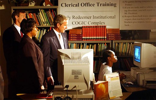 President George W. Bush tours the Faith-Based Welfare Reform Program at the Holy Redeemer Institutional Church of God in Christ in Milwaukee, Wis., Wednesday, July 2. White House photo by Tina Hager.