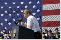 President George W. Bush gives remarks during "Saluting Our Veterans" Fourth of July Celebration in Ripley, West Virginia. White House photo by Eric Draper.