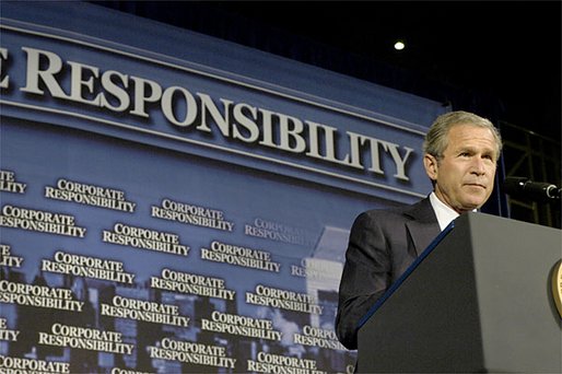 President George W. Bush addresses corporate leaders on Wall Street in New York, Tuesday, July 09. The President, who unveiled plans to create a new Corporate Fraud Task Force, introduced criminal penalties for corporate fraud and fund new initiatives in the SEC that will provide accountability to corporate America. White House photo by Eric Draper.