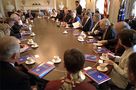 President George W. Bush discusses the creation of the department of Homeland Security with members of Congress in a meeting in the Cabinet Room Tuesday, July 16. White House photo by Eric Draper.