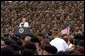 President George W. Bush addresses troops and families of the 10th Mountain Division and other members of the Fort Drum Community at Fort Drum, N.Y., July 19, 2002 White House Photo by Tina Hager 