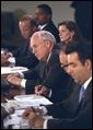 Vice President Dick Cheney listens to the concerns of panelists at the Helping Small Business discussion session at the President's Economic Forum at Baylor University in Waco, Texas on Tuesday August 13, 2002. 