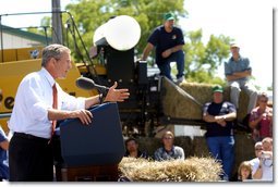 President George W. Bush addresses an audience of about 2,000 people at the Iowa State Fair Fairgrounds near Des Moines, Wednesday, Aug. 14. White House photo by Eric Draper.