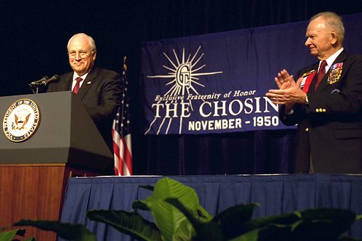 After being introduced by the president of The Chosin Few, Col. John Gray, right, Vice President Dick Cheney speaks to the organization of Korean War veterans in San Antonio, TX Aug. 29, 2002. 