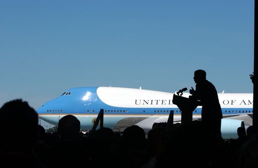 President George W. Bush delivers remarks upon arrival at South Bend, Indiana Regional Airport Thursday, September 5, 2002. 