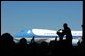 President George W. Bush delivers remarks upon arrival at South Bend, Indiana Regional Airport Thursday, September 5, 2002. 