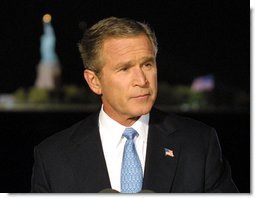 President George W. Bush address the nation from Ellis Island in New York City on the one year anniversary of the terror attacks on September 11. White House photo by Paul Morse.