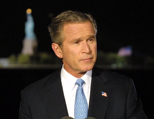 President George W. Bush addresses the nation from Ellis Island in New York City on the one year anniversary of the terror attacks on September 11. White House photo by Paul Morse.