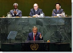 President George W. Bush addresses the United Nations General Assembly in New York City on the issues concerning Iraq Thursday, September 12. White House photo by Paul Morse.