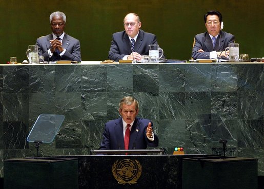 President George W. Bush addresses the United Nations General Assembly in New York City on the issues concerning Iraq Thursday, September 12. White House photo by Paul Morse.