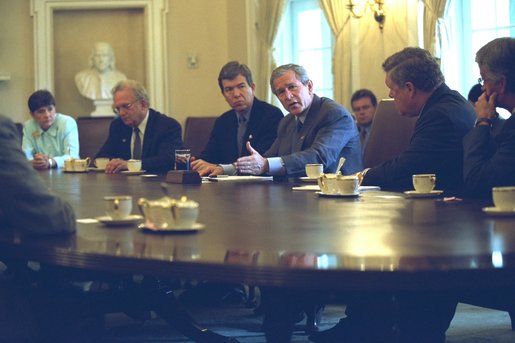 President George W. Bush meets with members of Congress in the Cabinet Room of the White House on Wednesday, September 18, 2002, to talk about Iraq. White House photo by Tina Hager.