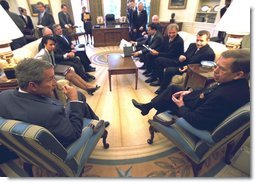 President George W. Bush welcomes Czech Republic President Vaclav Havel to the White House Wednesday, Sept. 18, 2002. "Mr. President, you are a unique person who has helped change the world. I am proud to call you friend, and my nation is proud to call the Czech Republic friend, as well," said President Bush during the morning meeting with Havel in the Oval Office. White House photo by Tina Hager.