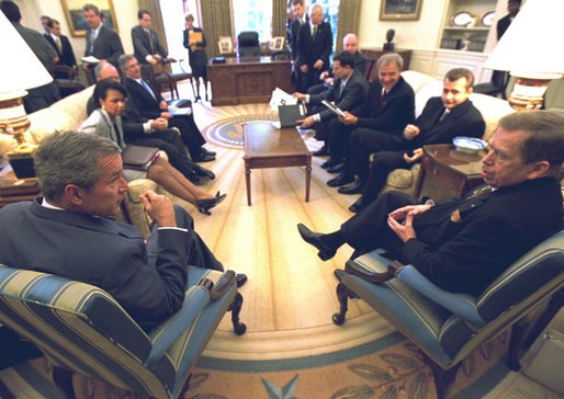 President George W. Bush welcomes Czech Republic President Vaclav Havel to the White House Wednesday, Sept. 18, 2002. "Mr. President, you are a unique person who has helped change the world. I am proud to call you friend, and my nation is proud to call the Czech Republic friend, as well," said President Bush during the morning meeting with Havel in the Oval Office. White House photo by Tina Hager.