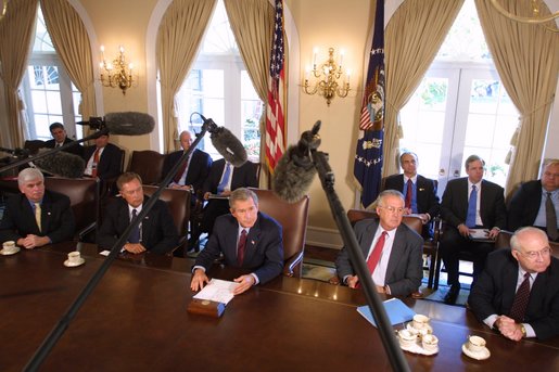 President George W. Bush discusses terrorism insurance with members of Congress in the Cabinet Room Tuesday, Oct. 1. White House photo by Paul Morse.