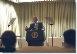 President George W. Bush prepares for his Monday night speech to the nation in the White House Family Theater this morning, Monday, October 7, 2002. White House photo by Paul Morse.