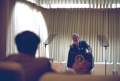 President George W. Bush prepares for his Monday night speech to the nation in the White House Family Theater this afternoon, Monday, October 7, 2002. White House photo by Eric Draper.