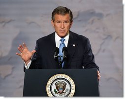 President George W. Bush delivers remarks on Iraq at the Cincinnati Museum Center in Cincinnati, Ohio, Monday night, Oct. 7, 2002. White House photo by Eric Draper.