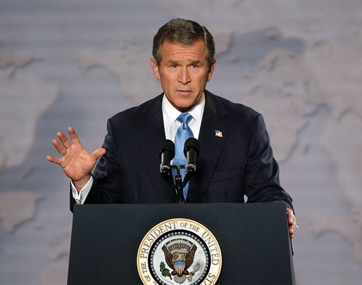 President George W. Bush delivers remarks on Iraq at the Cincinnati Museum Center in Cincinnati, Ohio, Monday night, Oct. 7, 2002. White House photo by Eric Draper.