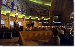 President George W. Bush delivers remarks on Iraq at the Cincinnati Museum Center in Cincinnati, Ohio, Monday night, Oct. 7, 2002. White House photo by Eric Draper.