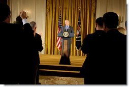 President George W. Bush celebrates the contributions and accomplishments of Hispanic Americans in the East Room, October 9, 2002, at the White House Reception for Hispanic Heritage Month. "This particular month we welcome the influence of the Hispanos in our country. We welcome the great values that our Hispanic Americans bring to America, the values of faith y familia," President Bush said during the end of the month-long celebration. White House photo by Paul Morse.