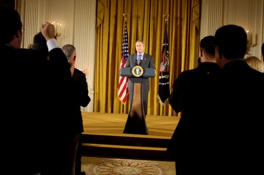 President George W. Bush celebrates the contributions and accomplishments of Hispanic Americans in the East Room, October 9, 2002, at the White House Reception for Hispanic Heritage Month. "This particular month we welcome the influence of the Hispanos in our country. We welcome the great values that our Hispanic Americans bring to America, the values of faith y familia," President Bush said during the end of the month-long celebration. White House photo by Paul Morse.