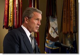 President George W. Bush remarks on the passage of a House resolution authorizing him to use military force in Iraq during a press conference in the Roosevelt Room Thursday, Oct. 10. White House photo by Paul Morse.