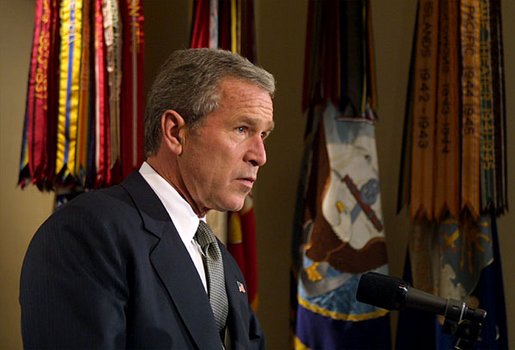 President George W. Bush remarks on the passage of a House resolution authorizing him to use military force in Iraq during a press conference in the Roosevelt Room Thursday, Oct. 10. White House photo by Paul Morse.