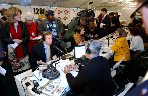 Dan Bartlett, White House Director of Communications, participates in an interview during the White House Radio Day Wednesday, Oct 30. White House photo by Tina Hager.