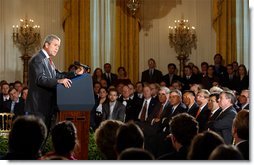 President George W. Bush discusses changes to the judicial nomination process in the East Room Oct. 30. "Today, I'm proposing a clean start for the process of nominating and confirming federal judges. We must have an even-handed, predictable procedure from the day a vacancy is announced to the day a new judge is sworn in. This procedure should apply now and in the future, no matter who lives in this house or who controls the Senate," said the President. White House photo by Tina Hager.