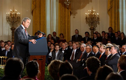 President George W. Bush discusses changes to the judicial nomination process in the East Room Oct. 30. "Today, I'm proposing a clean start for the process of nominating and confirming federal judges. We must have an even-handed, predictable procedure from the day a vacancy is announced to the day a new judge is sworn in. This procedure should apply now and in the future, no matter who lives in this house or who controls the Senate," said the President. White House photo by Tina Hager.