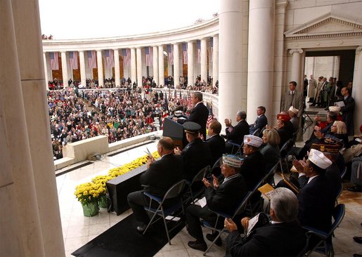 President George W. Bush gives remarks on Veterans Day at Arlington National Cemetery on Monday White House photo by Paul Morse