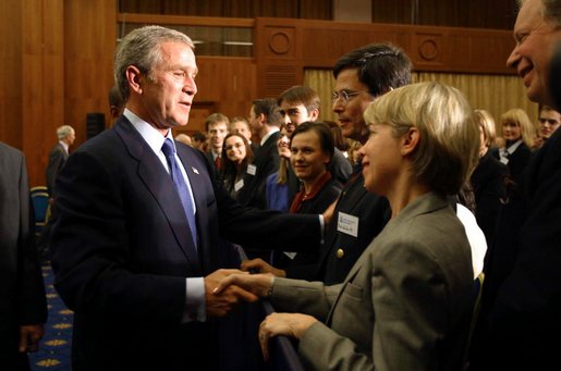 President George W. Bush greets participants of the Prague Atlantic Student Summit in Prague, Czech Republic, Wednesday, Nov. 20. White House photo by Paul Morse.