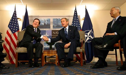 Secretary General of NATO Lord Robertson and President George W. Bush meet for a bilateral meeting in Prague, Czech Republic, Wednesday, Nov. 20. White House photo by Paul Morse.