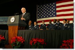 More than 1,500 Air Force Air National Guard members listen as Vice President Dick Cheney discusses the role the Guard plays in the war on terrorism during the Air National Guard Senior Leadership Conference in Denver, Monday, Dec. 2. "For all the challenges we face, the United States of America has never been stronger than we are today," said the Vice President, noting that there are approximately 11,000 mobilized and volunteer members of the Air National Guard serving at home and oversees. "We are using our great strength not to dominate others, but to lift the dark threat of terrorism from our country and from our world."  White House photo by David Bohrer