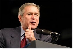 President George W. Bush speaks at the Louisiana Welcome in the Hirsch Coliseum at the State Fairgrounds of Louisiana in Shreveport, Dec. 3.  White House photo by Eric Draper