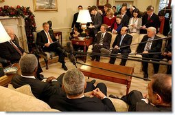 President George W. Bush and Vice President Dick Cheney meet with the Quartet Principals to discuss the Israeli-Palestinian issue in the Oval Office Dec. 20. Attending the meeting are, from left to right, United Nations Secretary General Kofi Annan, Secretary of State Colin Powell, Danish Foreign Minister Per Stig-Moeller, Russian Foreign Minister Sergei Ivanov, European Union Commissioner for External Relations Chris Patten and European Union High Representative Javier Solana.  White House photo by Tina Hager