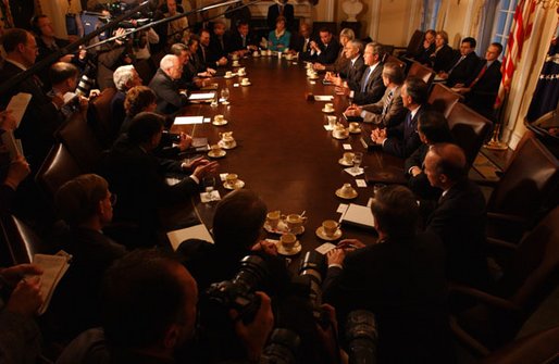 President George W. Bush responds to questions from the media during the Cabinet meeting at the White House Monday, Jan. 6, 2003. White House photo by Tina Hager