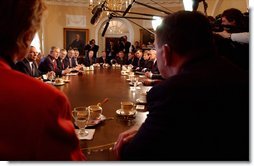 During the first Cabinet meeting with Secretary Tom Ridge attending as Secretary of the Department of Homeland Security, President George W. Bush addresses the media in the Cabinet Room Tuesday, Jan. 28, 2003. "Tonight, I'm going in front of our nation to talk about the great challenges that face our country, but no doubt that we'll be able to handle those challenges because we are a great country," President Bush said referring to his State of the Union speech.  White House photo by Tina Hager