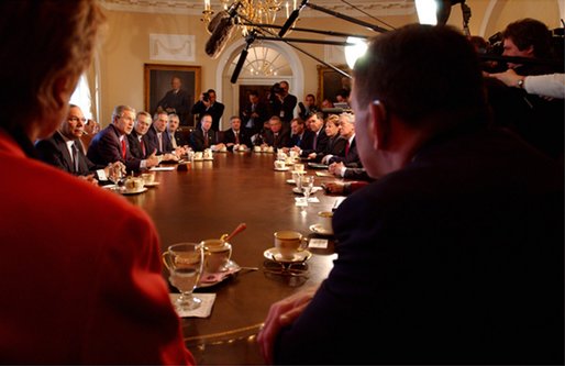 During the first Cabinet meeting with Secretary Tom Ridge attending as Secretary of the Department of Homeland Security, President George W. Bush addresses the media in the Cabinet Room Tuesday, Jan. 28, 2003. "Tonight, I'm going in front of our nation to talk about the great challenges that face our country, but no doubt that we'll be able to handle those challenges because we are a great country," President Bush said referring to his State of the Union speech. White House photo by Tina Hager