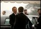 President George W. Bush welcomes British Prime Minister Tony Blair upon his arrival to the White House Friday, Jan. 31, 2003. White House photo by Paul Morse