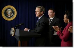 President George W. Bush discusses his initiative to provide $15 billion for HIV/AIDS relief in Africa and the Caribbean in the Dwight D. Eisenhower Executive Office Building Friday, Jan. 31, 2003. "We have the opportunity to bring that hope to millions. It's an opportunity for this nation to affect millions and millions of lives," said the President. "So that's why I've laid out the Emergency Plan for AIDS Relief. I called it in my State of the Union a work of mercy, and that's what I believe it is."  White House photo by Paul Morse