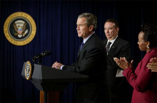 President George W. Bush discusses his initiative to provide $15 billion for HIV/AIDS relief in Africa and the Caribbean in the Dwight D. Eisenhower Executive Office Building Friday, Jan. 31, 2003. "We have the opportunity to bring that hope to millions. It's an opportunity for this nation to affect millions and millions of lives," said the President. "So that's why I've laid out the Emergency Plan for AIDS Relief. I called it in my State of the Union a work of mercy, and that's what I believe it is." White House photo by Paul Morse