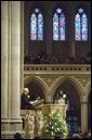 Vice President Dick Cheney speaks during a memorial service at the National Cathedral in Washington, D.C., Thursday, Feb. 6, 2003 for the seven astronauts who died in the Feb. 1 Space Shuttle Columbia tragedy. "The crew of the Columbia was united not by faith or heritage, but by the calling they answered and shared," the Vice President said. "They were bound together in the great cause of discovery. They were envoys to the unknown. They advanced human understanding by showing human courage." White House photo by David Bohrer