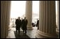 John Snow, the newly appointed Secretary of Treasury, walks with President George W. Bush to his swearing-in ceremony at The Treasury Building Friday, Feb. 7, 2003. White House photo by Paul Morse