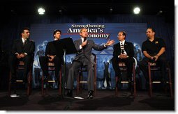 President George W. Bush leads the discussion during a forum with small business owners and employees at Dagher Printing in Jacksonville, Fla., Thursday, Feb. 13, 2003. Also pictured, from left, are: Hector Barreto, Administrator of the Small Business Administration; Zimmerman Boulos, owner of Office Environments and Services; Joseph Dagher, owner of Dagher Printing and Jose Gonzalez, employee at Office Environments and Services.  White House photo by Eric Draper