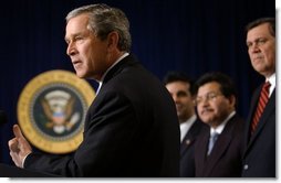 President George W. Bush speaks with The Latino Coalition in the Dwight D. Eisenhower Executive Office Building Wednesday, Feb. 26, 2003. Pictured with the President are Hector Barreto, Small Business Administration Administrator; Alberto Gonzales, Counsel to the President and Mel Martinez, Secretary of Housing and Urban Development.   White House photo by Tina Hager