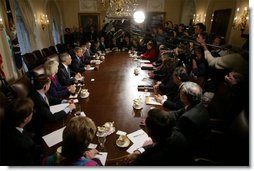 President George W. Bush addresses the media during a meeting with his Cabinet the day after beginning the disarmament of Iraq Thursday, March 20, 2003.  White House photo by Paul Morse